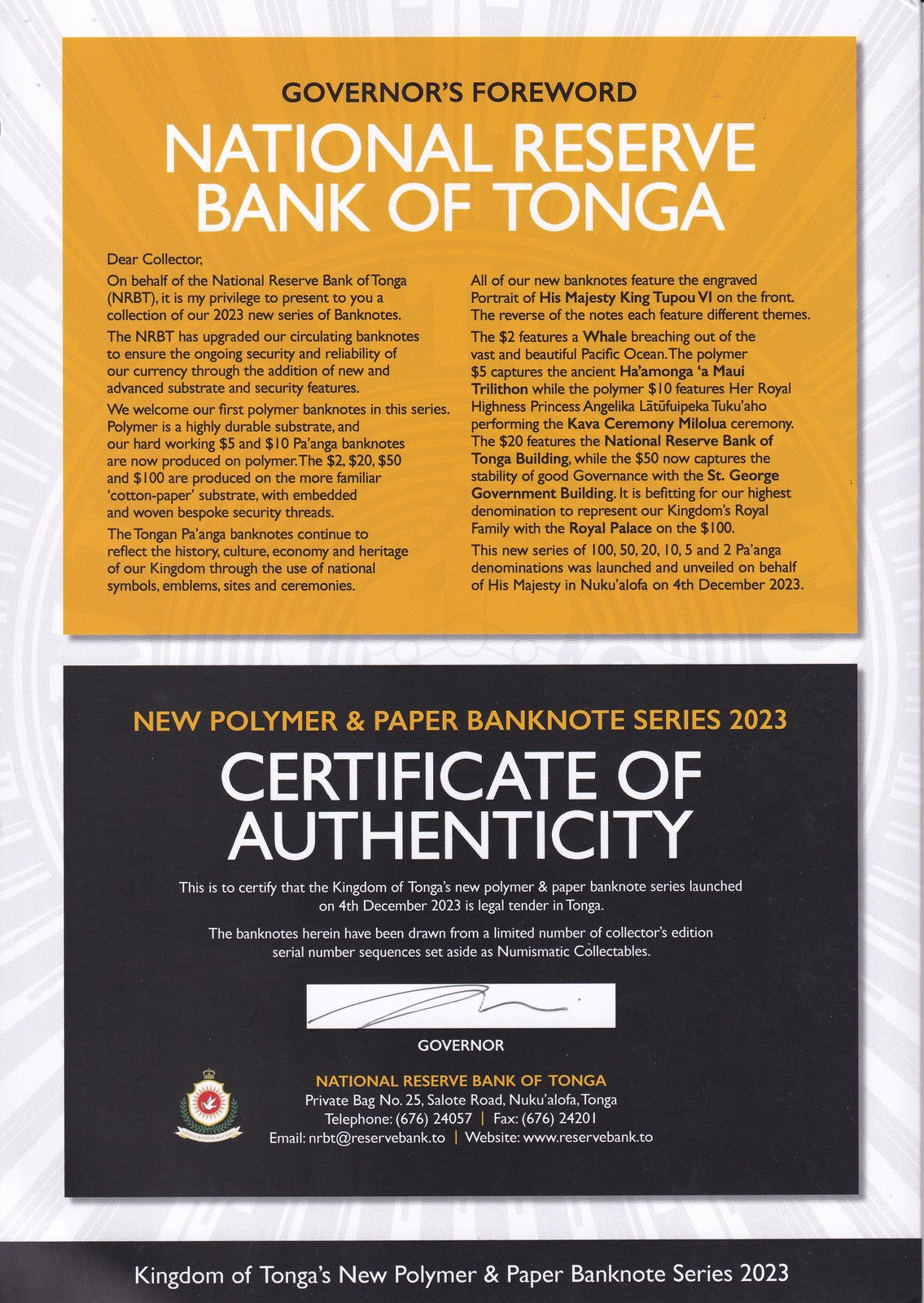 Tonga Set 6 UNC 2 20 50 100 (5 10 Polymer) Pananga 2023 2024 P 50-55 With Folder