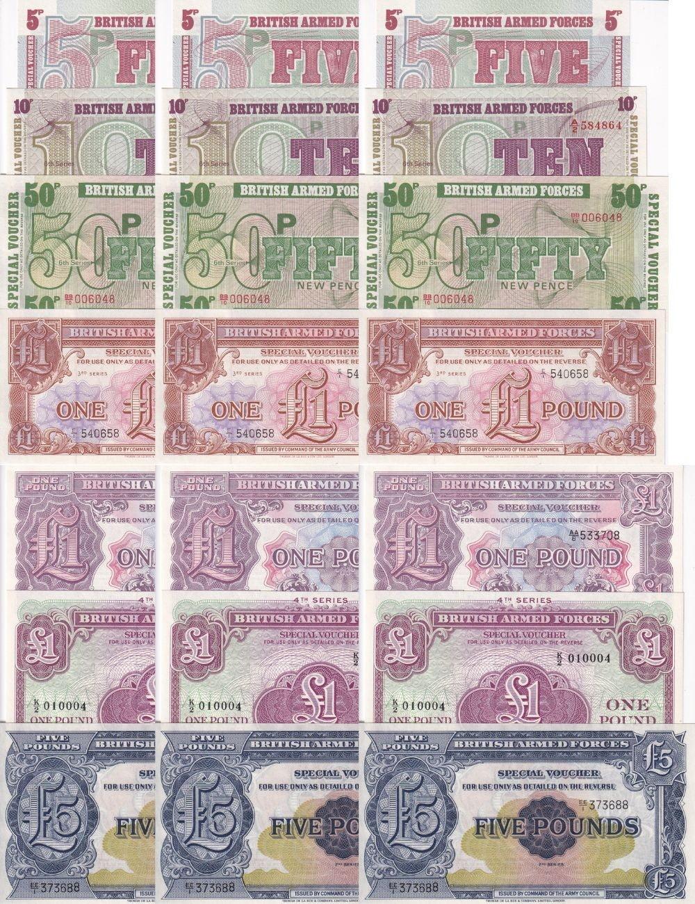 Great Britain Military Set 7 X Lot 3 = 21 UNC 5 10 50 Pence 1 5 Pound P M22 -M49