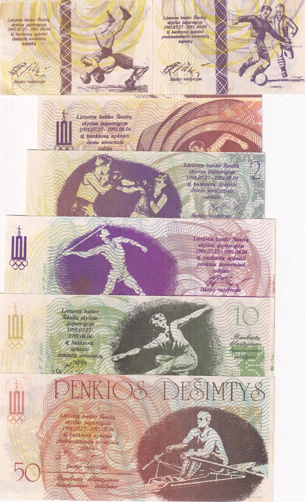 Lithuania Set 7 PCS 10 50 Centauru 1- 50 Lita Olympic Regional notes 1991 UNC