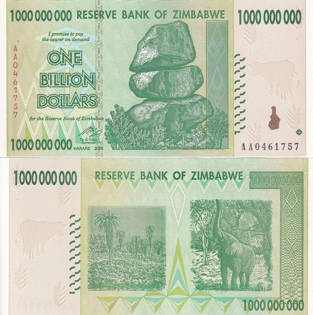 Zimbabwe 1 Billion Dollars 2008 P 83 UNC , Zimbabwe aloe excelsa, Elephant