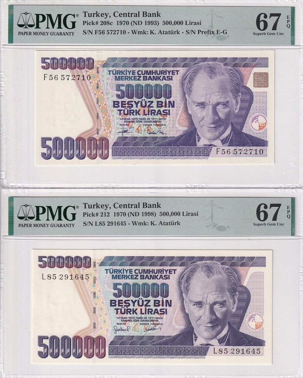 Turkey Set 2; 500000 Lirasi 1970 P 208 P 212 Superb Gem UNC PMG 67 EPQ
