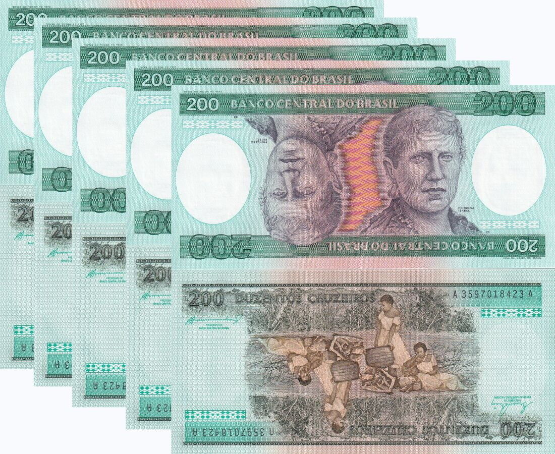 Brazil 200 cruzeiros ND 1981 - 1984 P 199 UNC LOT 5 PCS