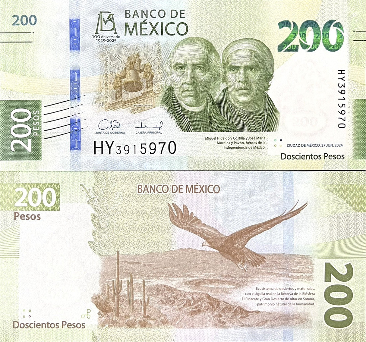 Mexico 200 Pesos Commemorative OVPT 1925-2025 100th P 140 UNC
