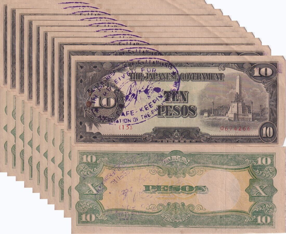 Philippines 10 PESOS 1943 WWII Japanese Occupation P 111 HEAVY USED LOT 10 PCS