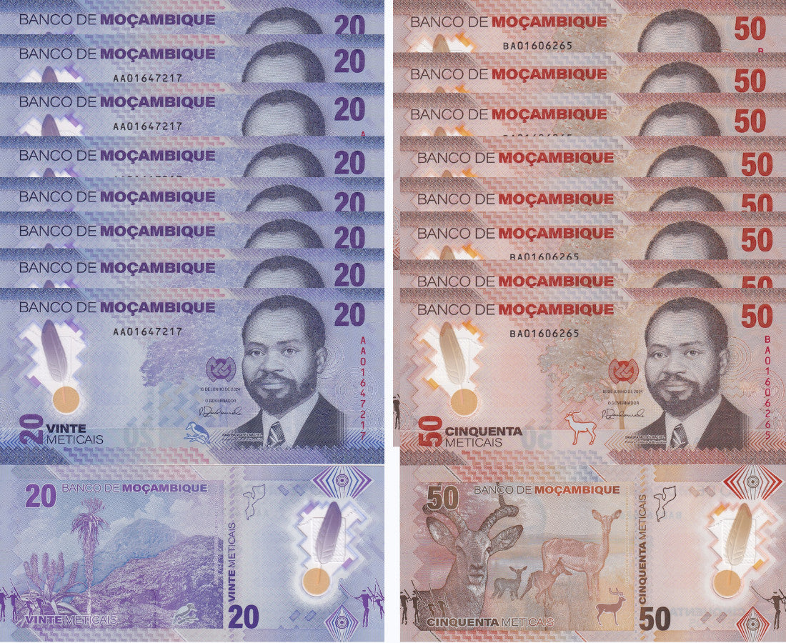 Mozambique set 2 UNC 20 50 Meticais 2024 Polymer P 155 156 LOT 10 Sets = 20 Pcs