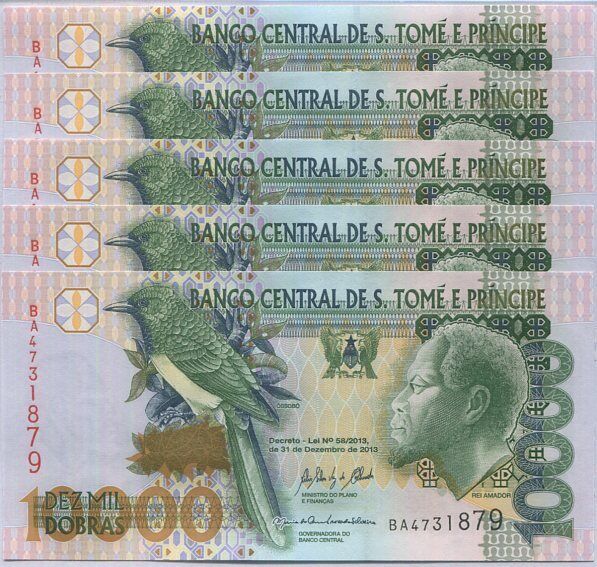Saint Thomas & Prince 10000 Dobras 2013 P 66 d UNC Lot 5 Pcs