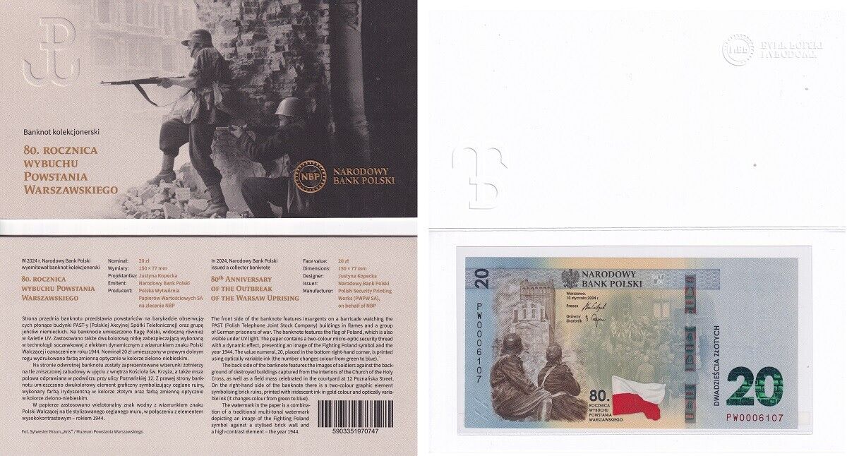 Poland 20 Zlotych 2024 Commemorative 80th Warsaw Uprising P 198 UNC W Folder