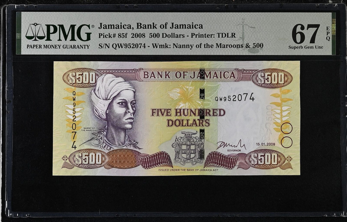 Jamaica 500 Dollars 2008 P 85 f Superb Gem UNC PMG 67 EPQ