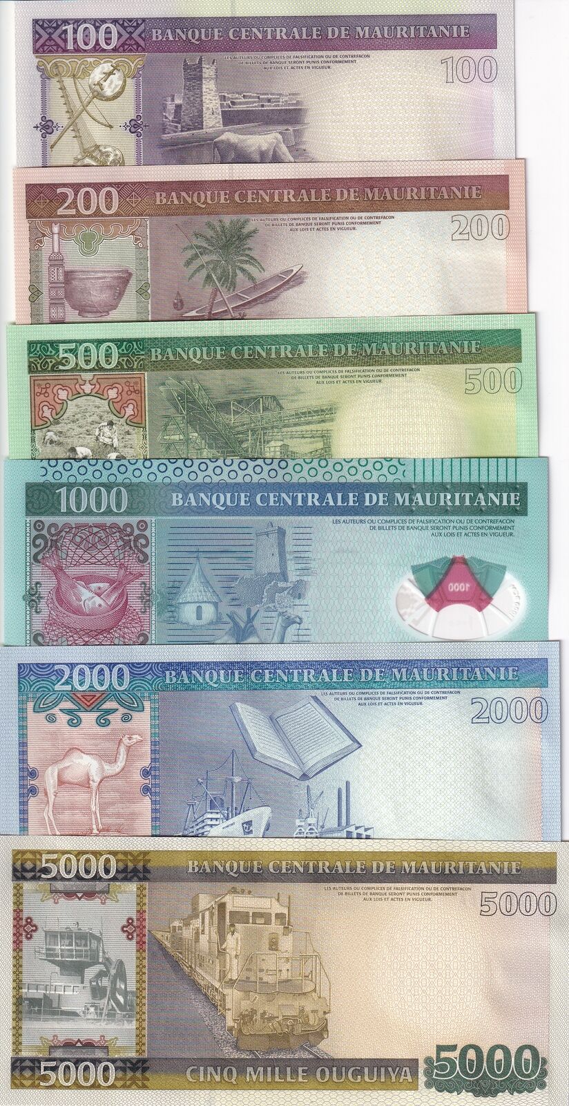 Mauritania Set 6 Pcs 100 200 500 1000 2000 5000 Ouguiya 2011-2015 P 16-21 UNC