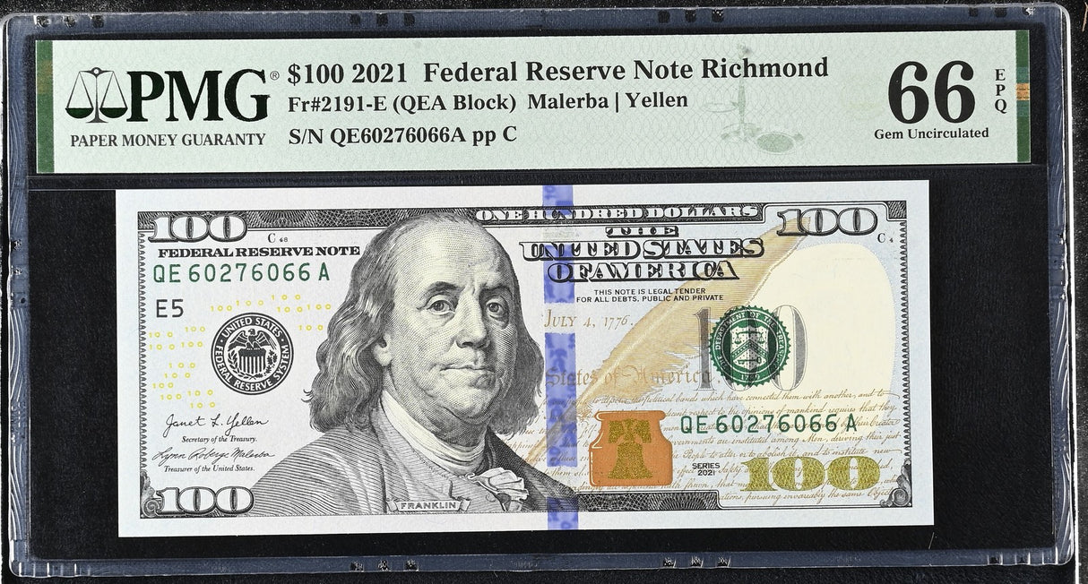 United States 100 Dollars USA 2021 P 555 E Richmond Gem UNC PMG 66 EPQ