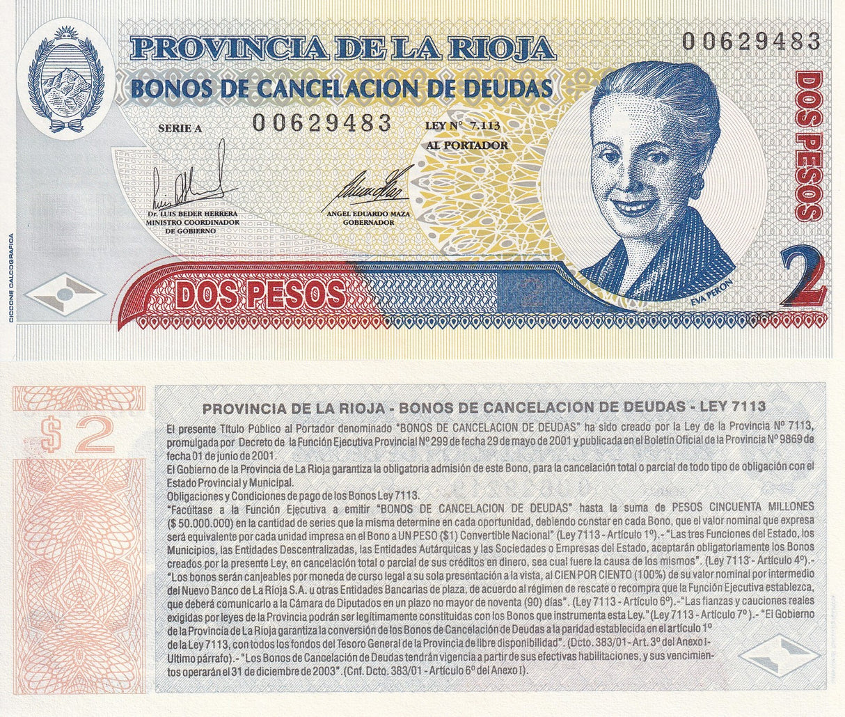 Argentina 2 Pesos 2003 P S NL La Rioja UNC