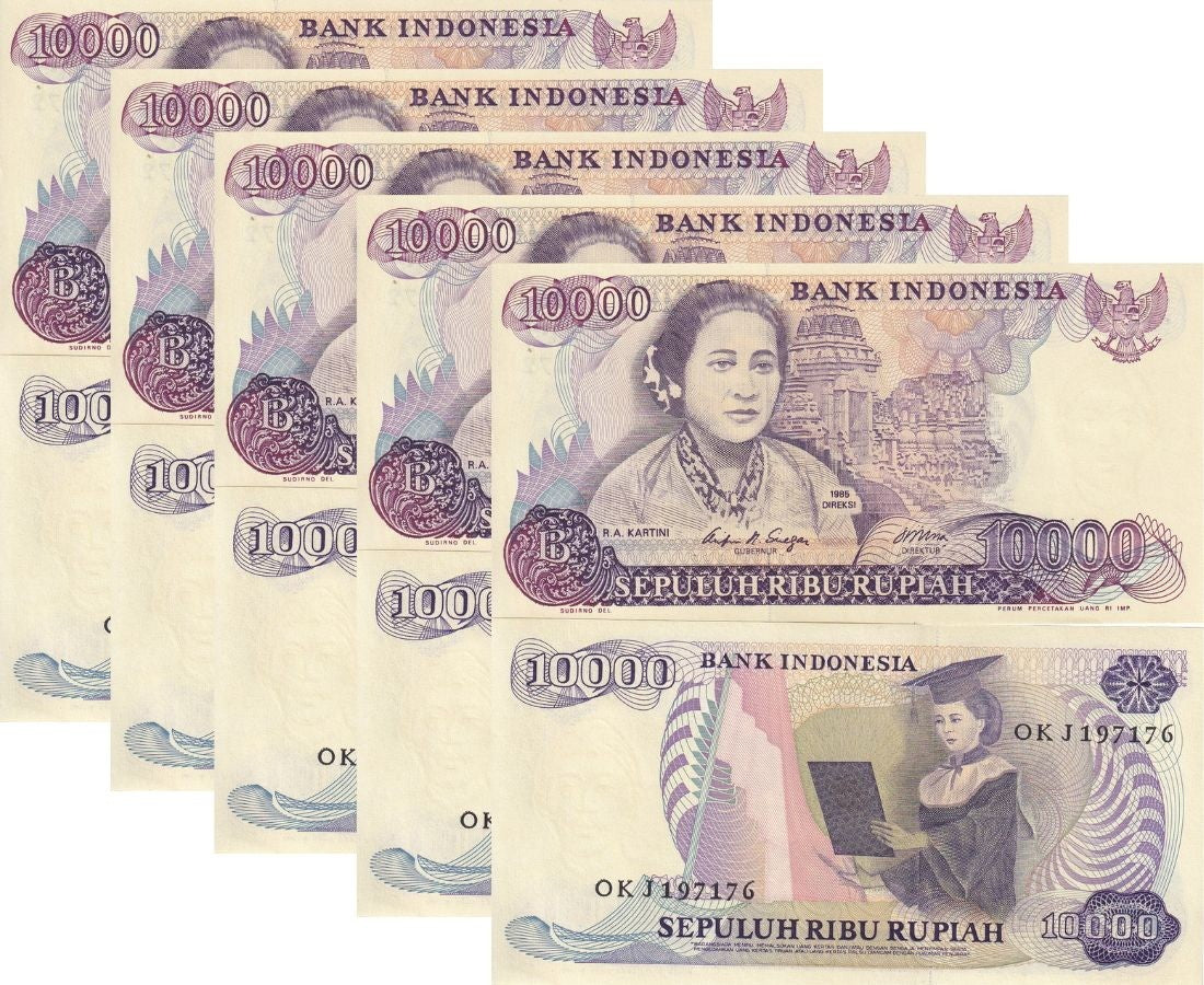 Indonesia 10000 Rupiah 1985 P 126 Graduate ,Prambanan temple UNC LOT 5 PCS