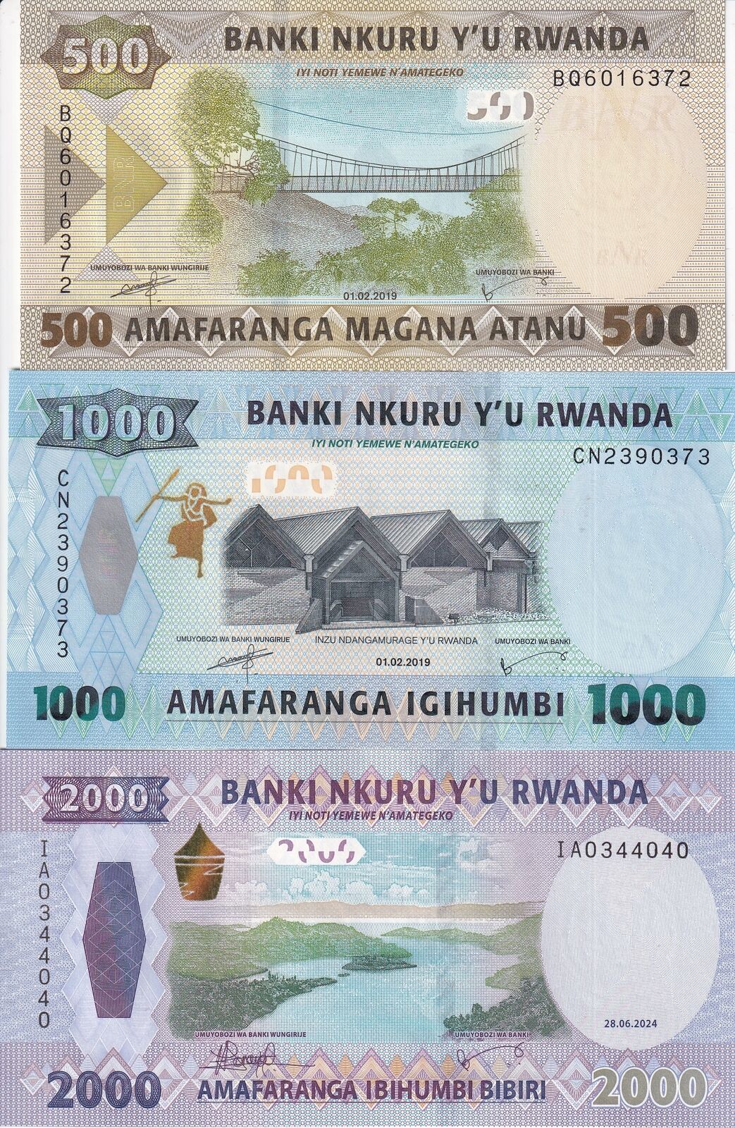 Rwanda SET 3 UNC 500 1000 2000 FRANCS 2019 -2024 P 39 42 44