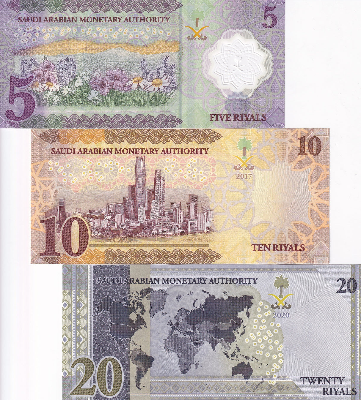 Saudi Arabia Set 3 UNC 5 10 20 Riyals 2017-2020 P 39 43 44