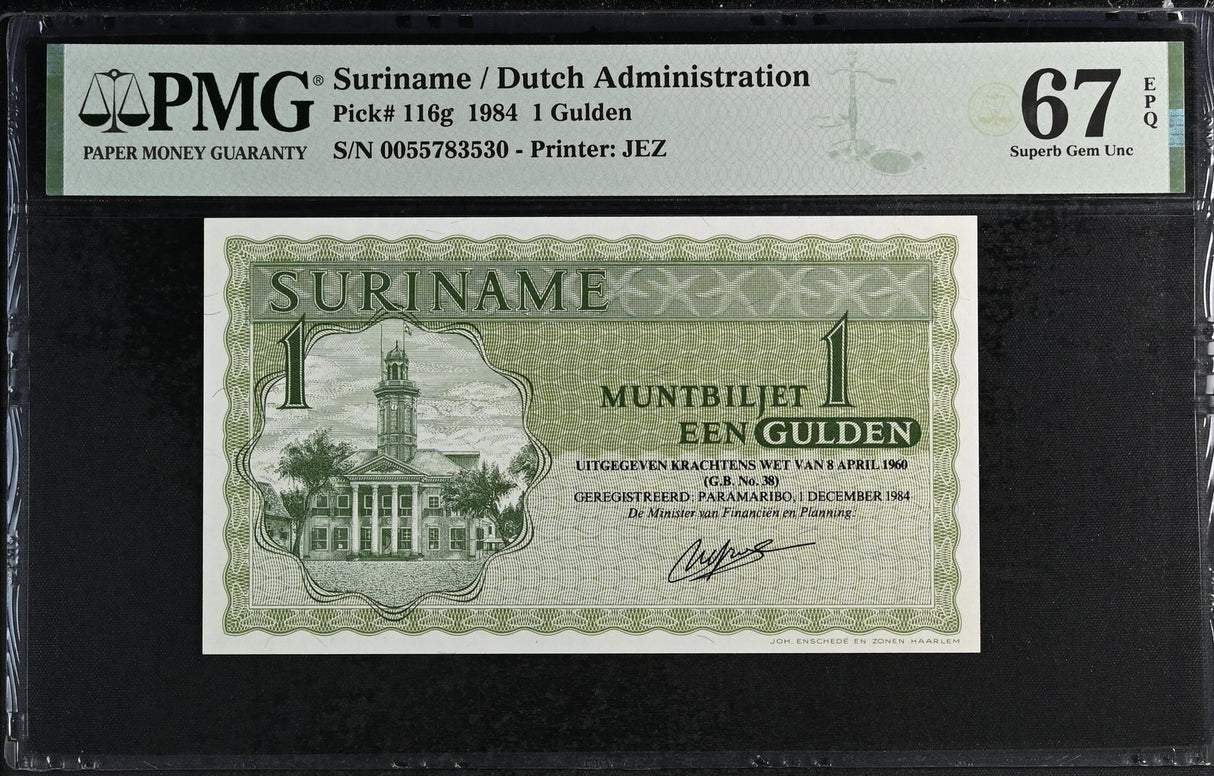 Suriname 1 Gulden 1984 P 116 g Superb Gem UNC PMG 67 EPQ Top Pop