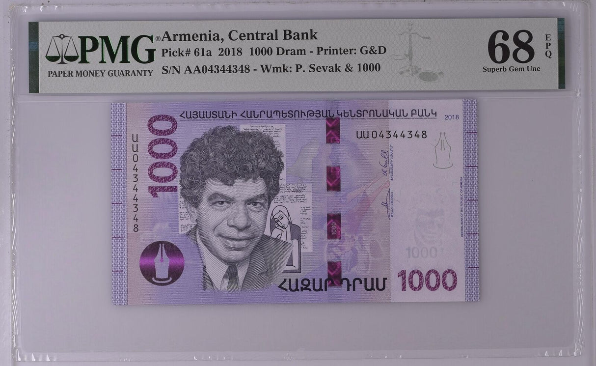 Armenia 1000 Dram 2018 P 61 a Superb Gem UNC PMG 68 EPQ