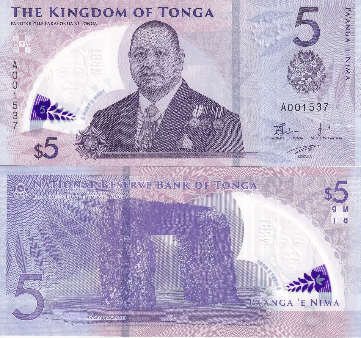 Tonga 5 Pananga 2023 P 51 Whale Polymer UNC