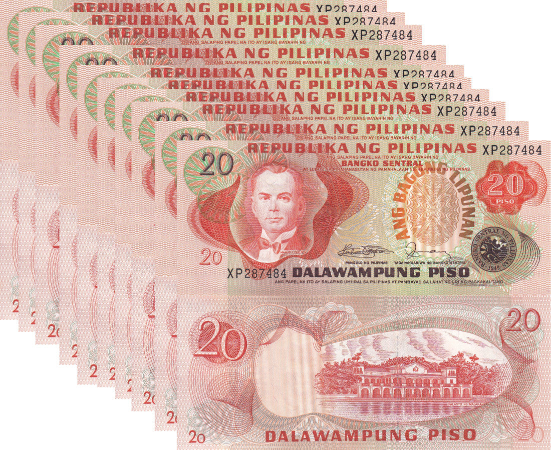 Philippines 20 Piso ND 1978 P 162 b SIGN 10 UNC LOT 10 PCS