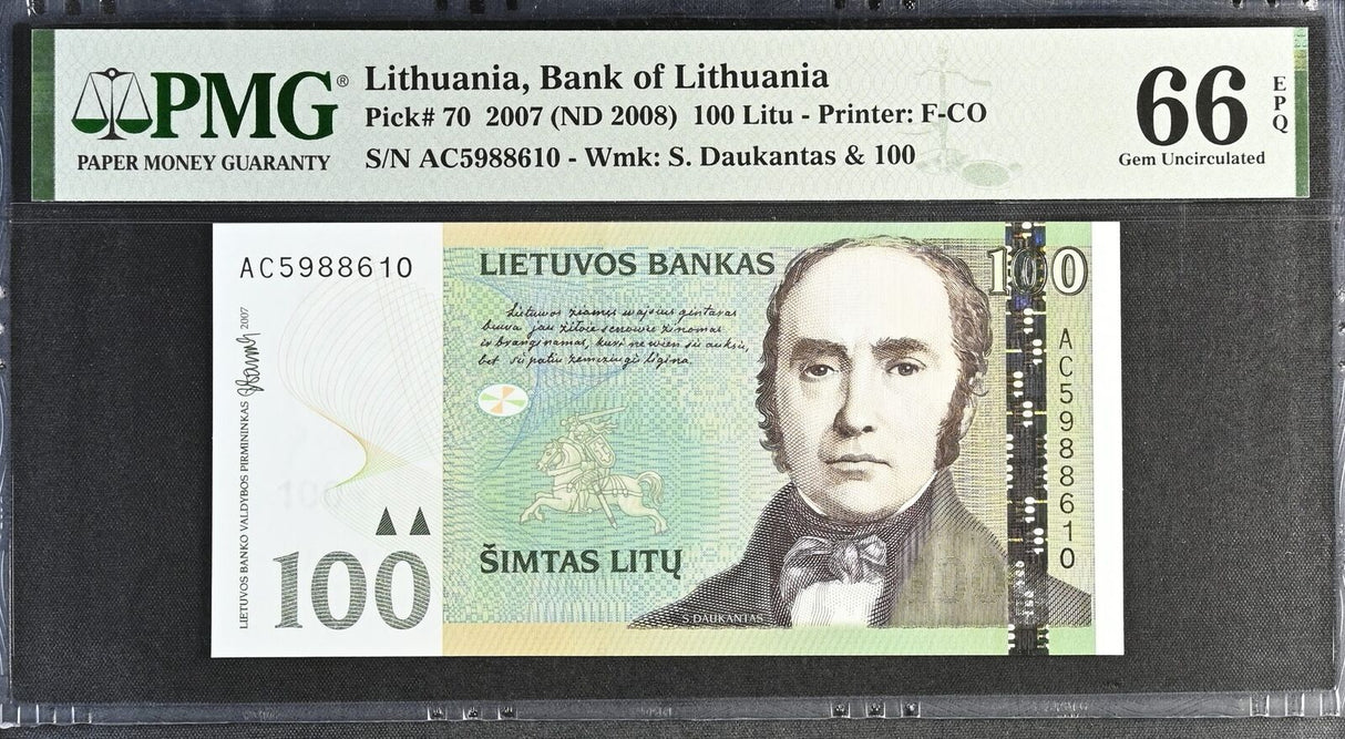 Lithuania 100 Litu 2007 ND 2008 P 70 Gem UNC PMG 66 EPQ