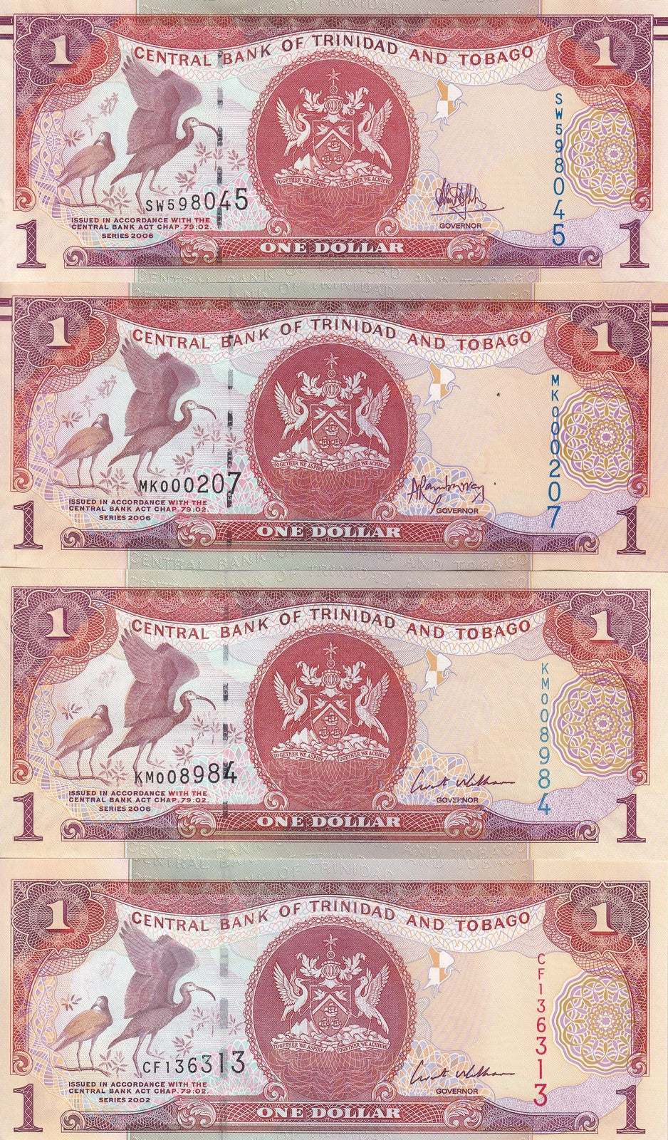 Trinidad & Tobago Set 4 UNC 1 Dollar 2002 2006 2009 2017 P 41 46