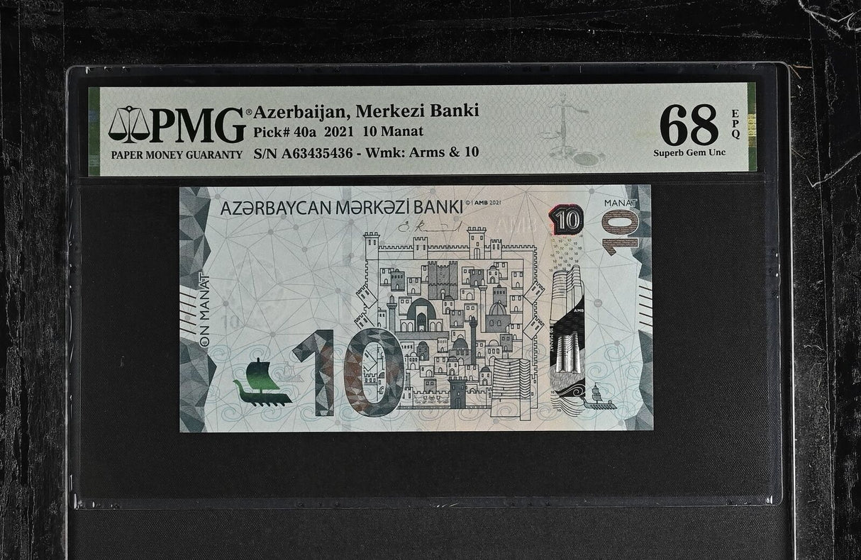 Azerbaijan 10 Manat 2021 P 40 a Superb Gem UNC PMG 68 EPQ TOP POP