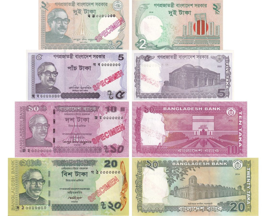 Bangladesh set 4 UNC 2 5 10 20 Taka 2014-2022 P 52 54 55 64 SPECIMEN