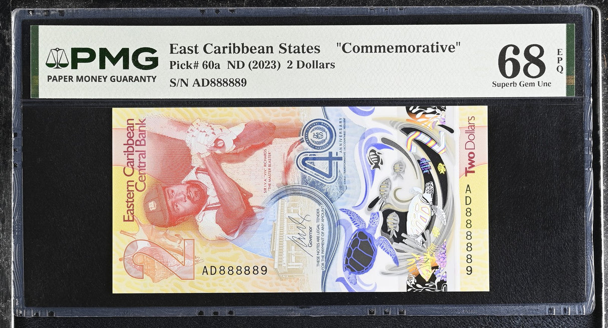 East Caribbean States 2 Dollars ND 2023 P 60 # 888889 Superb Gem UNC PMG 68 EPQ