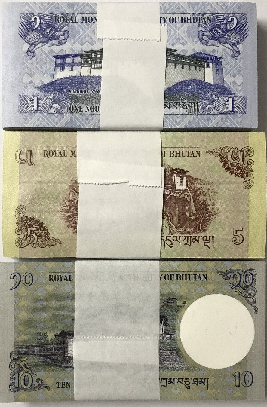 Bhutan Set 3 x 100 UNC 1 5 10 Ngultrum 2015-2019 p 27 28 29 = Lot 3 Bundles