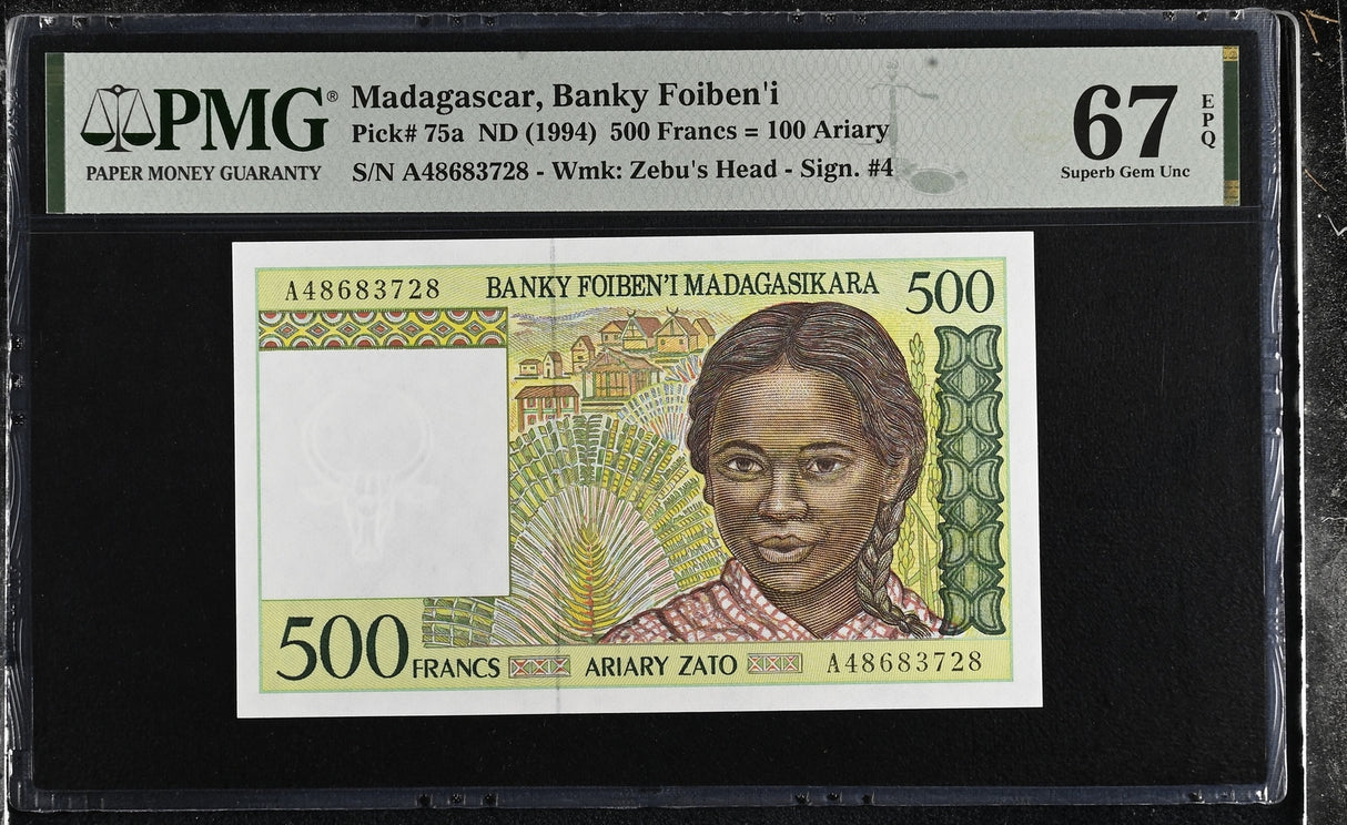 Madagascar 500 Francs ND 1994 P 75 a Superb Gem UNC PMG 67 EPQ