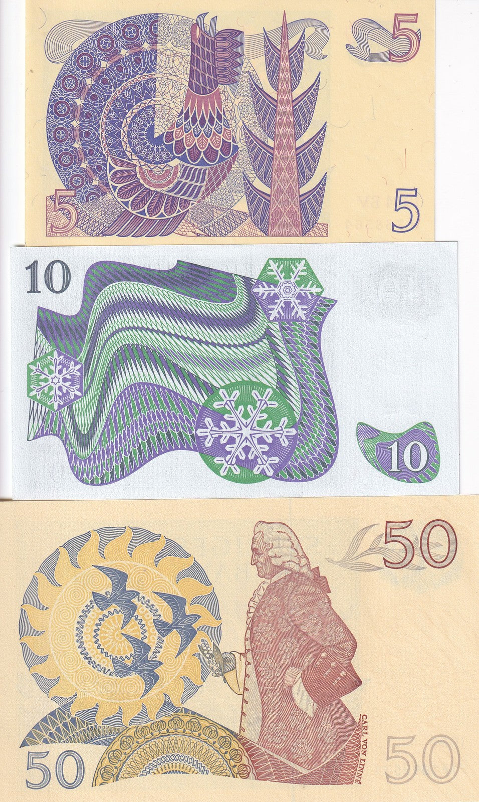 Sweden Set 3 Pcs 5 10 50 Kronor 1974-1989 P 51 52 53 UNC