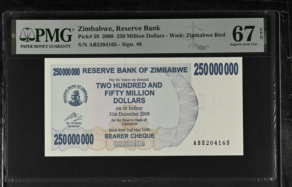 Zimbabwe 250 Billion Dollars 2008 P 59 Superb Gem UNC PMG 67 EPQ