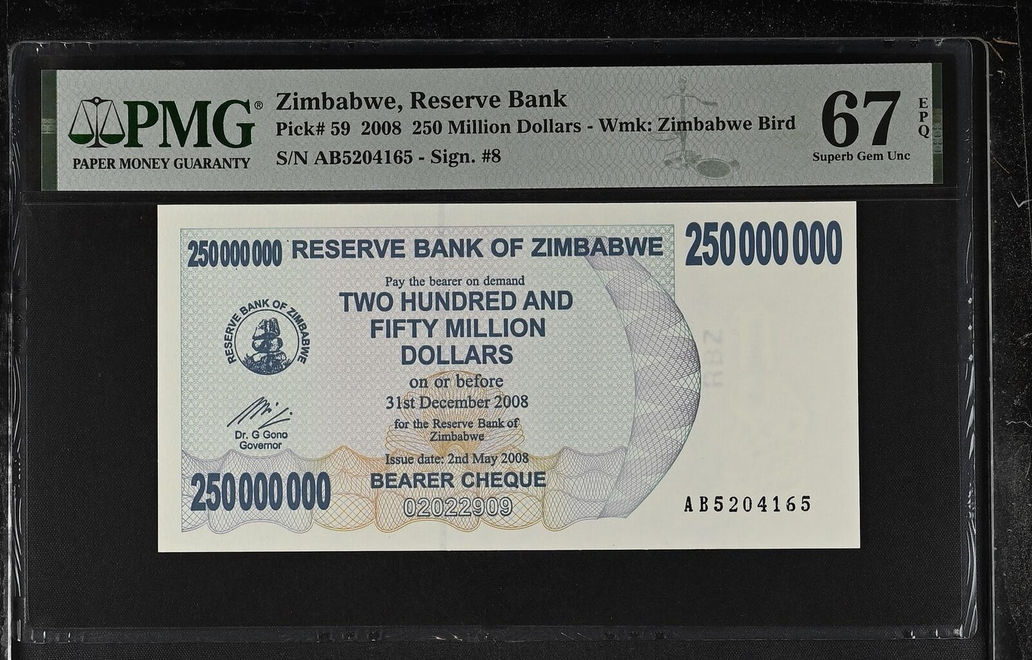 Zimbabwe 250 Billion Dollars 2008 P 59 Superb Gem UNC PMG 67 EPQ