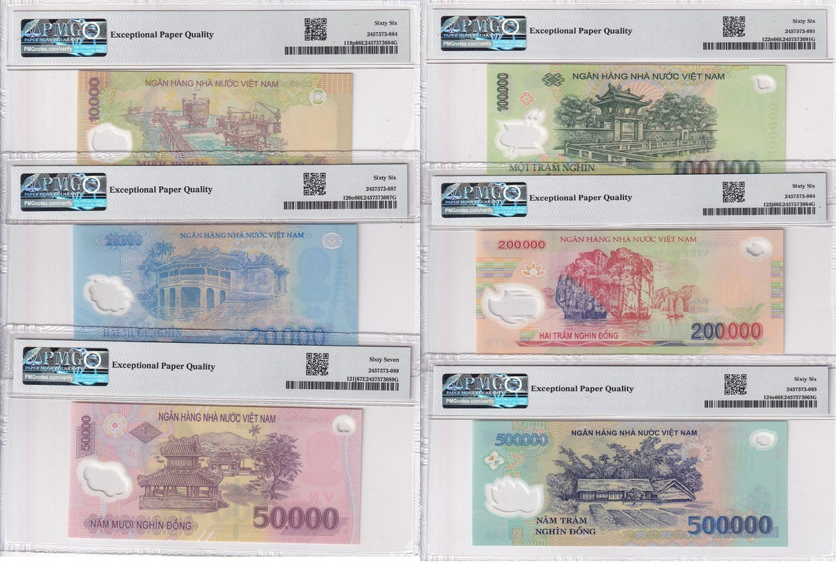 Vietnam Set 6;10000-500000 Dong 2014-24 P 119-P 124 Superb Gem UNC PMG 66 67 EPQ