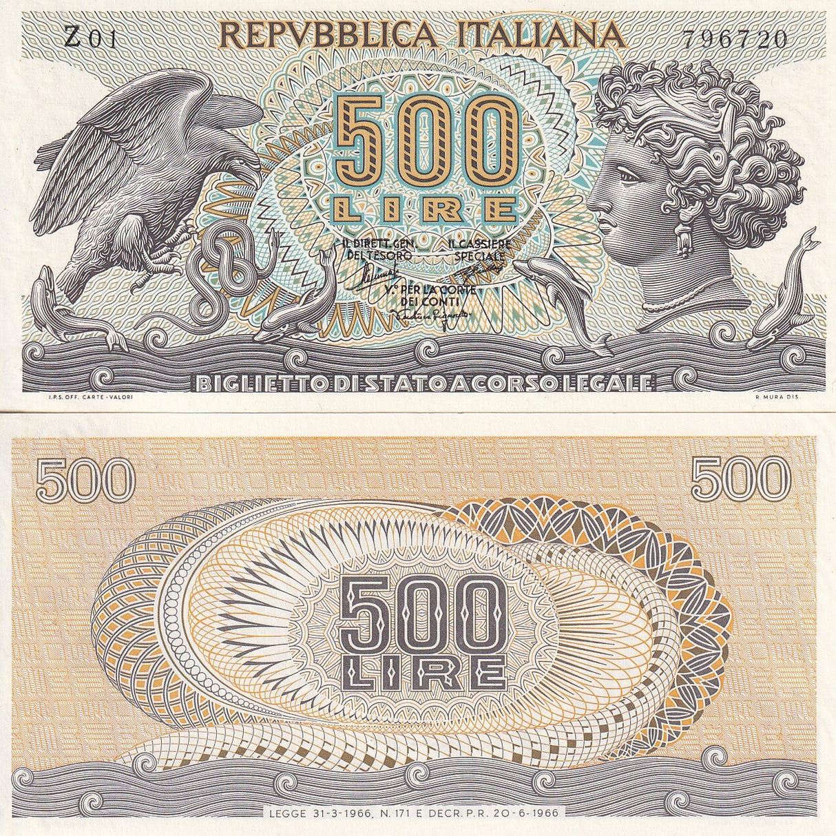 Italy 500 Lire 1966 P 93 a UNC