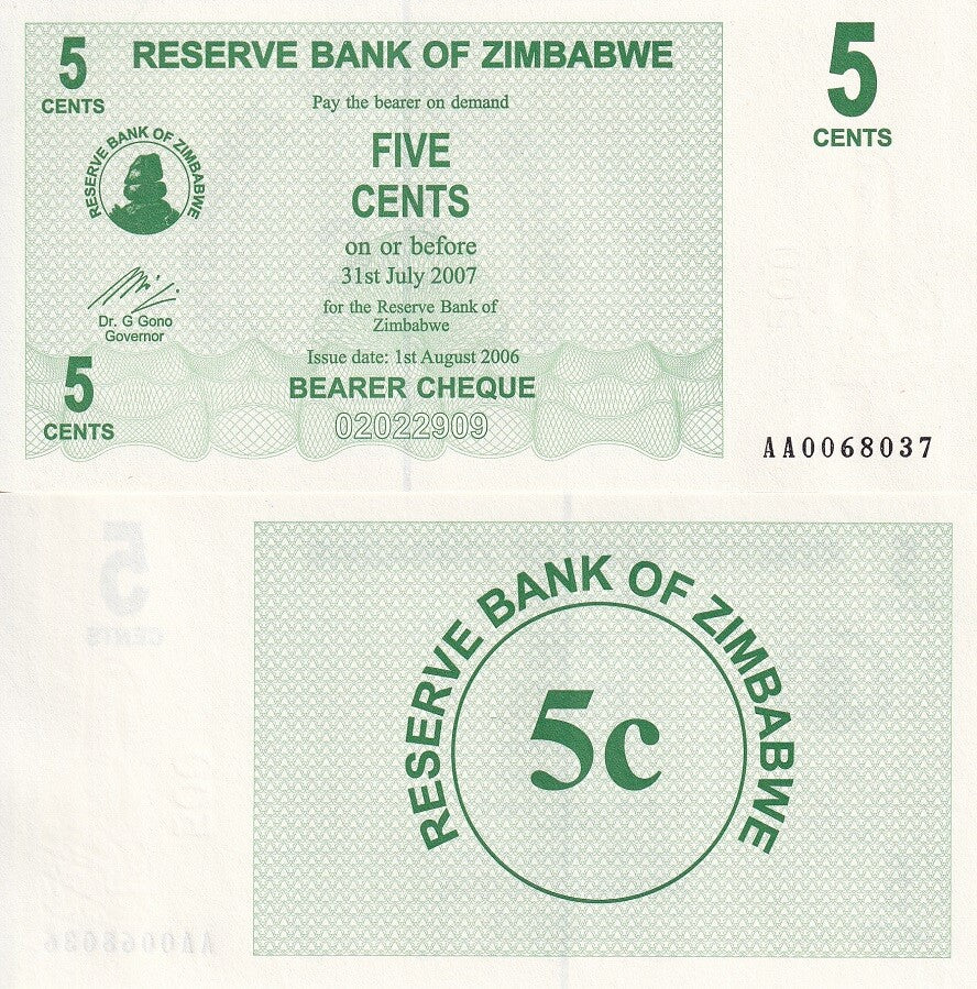 Zimbabwe 5 Cents 2006 BEARER CHEQUE P 34 UNC