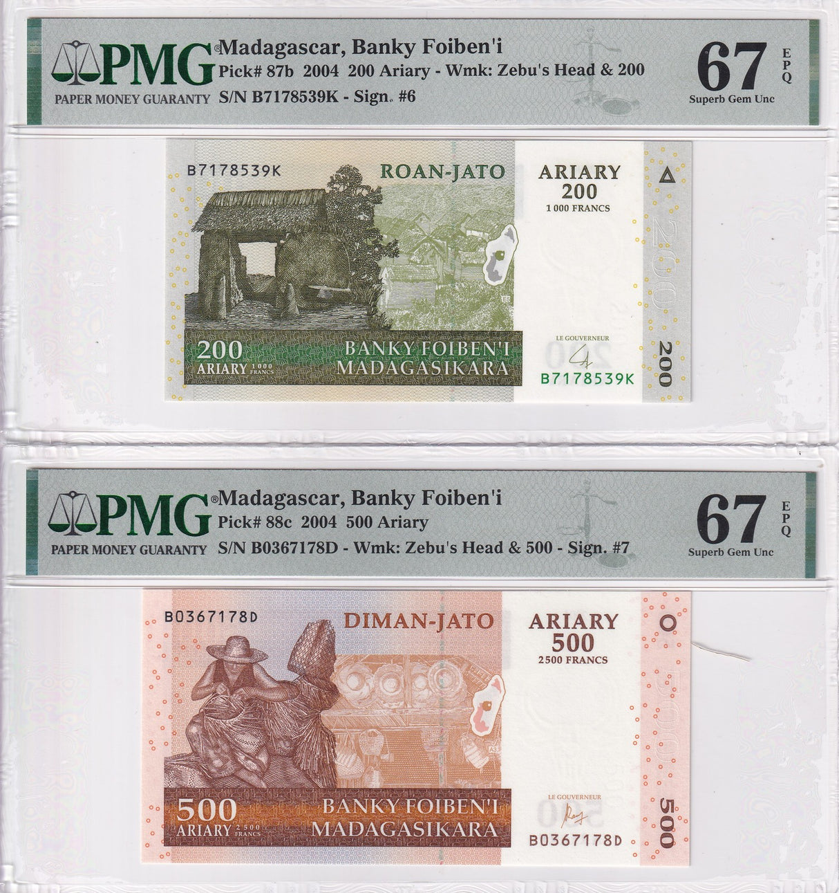 Madagascar Set 2; 200 500 Ariary 2004 P 87 P 88 Superb Gem UNC PMG 67 EPQ