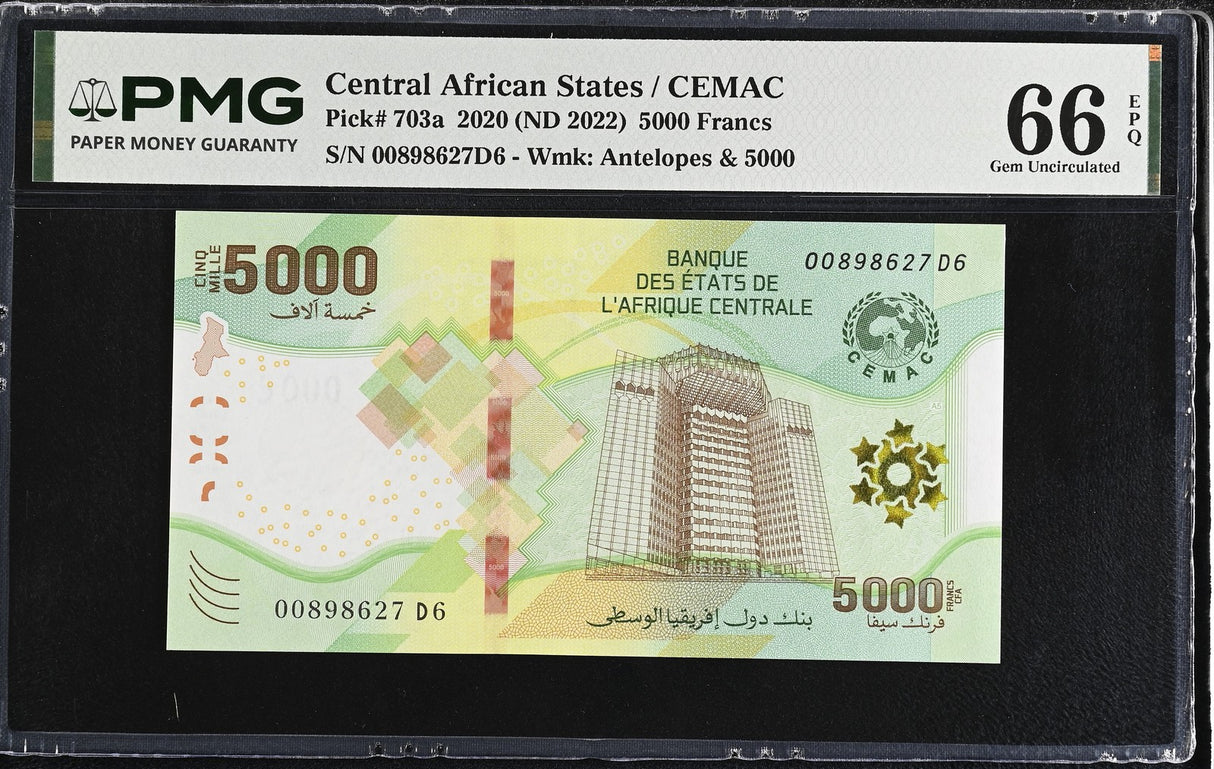 Central African States 5000 Francs 2020 ND 2022 P 703 a Gem UNC PMG 66 EPQ