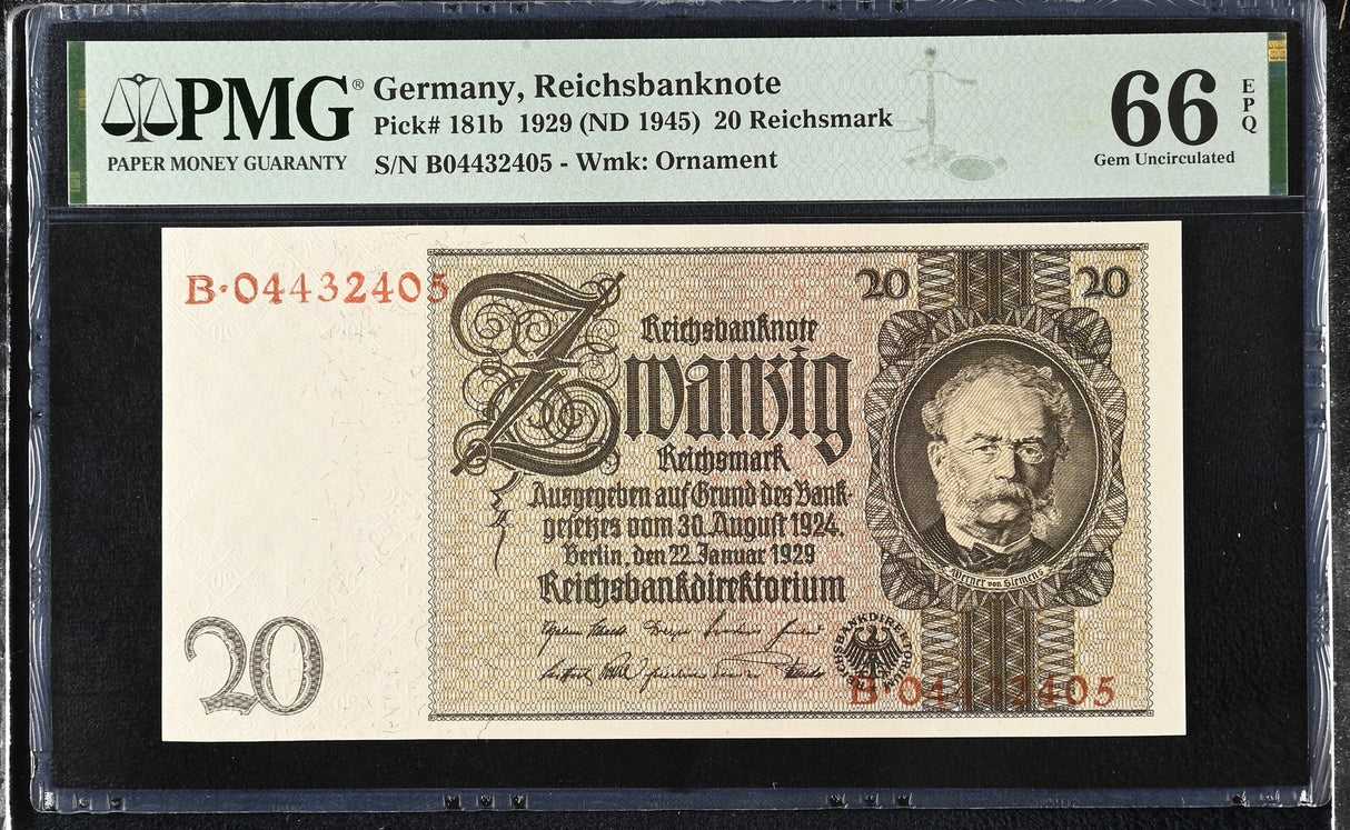 Germany 20 Rentenmark 1929 ND 1945 P 181 b Gem UNC PMG 66 EPQ