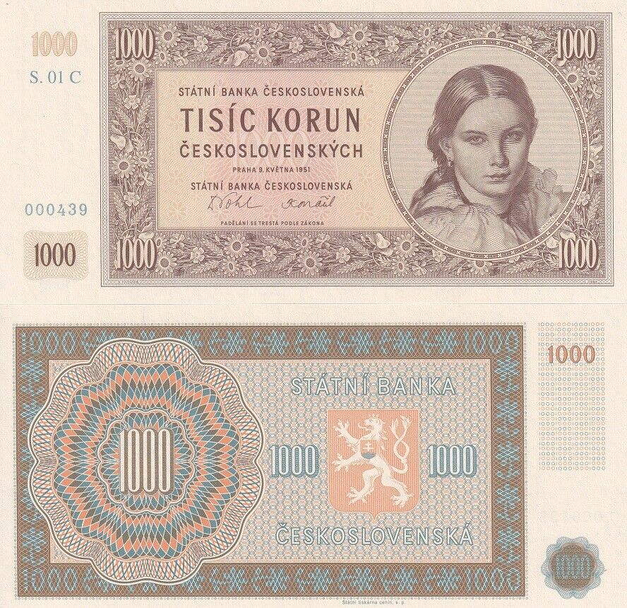 Czechoslovakia 1000 Korun 1951 Official Reprint CNB P 77 UNC With Folder