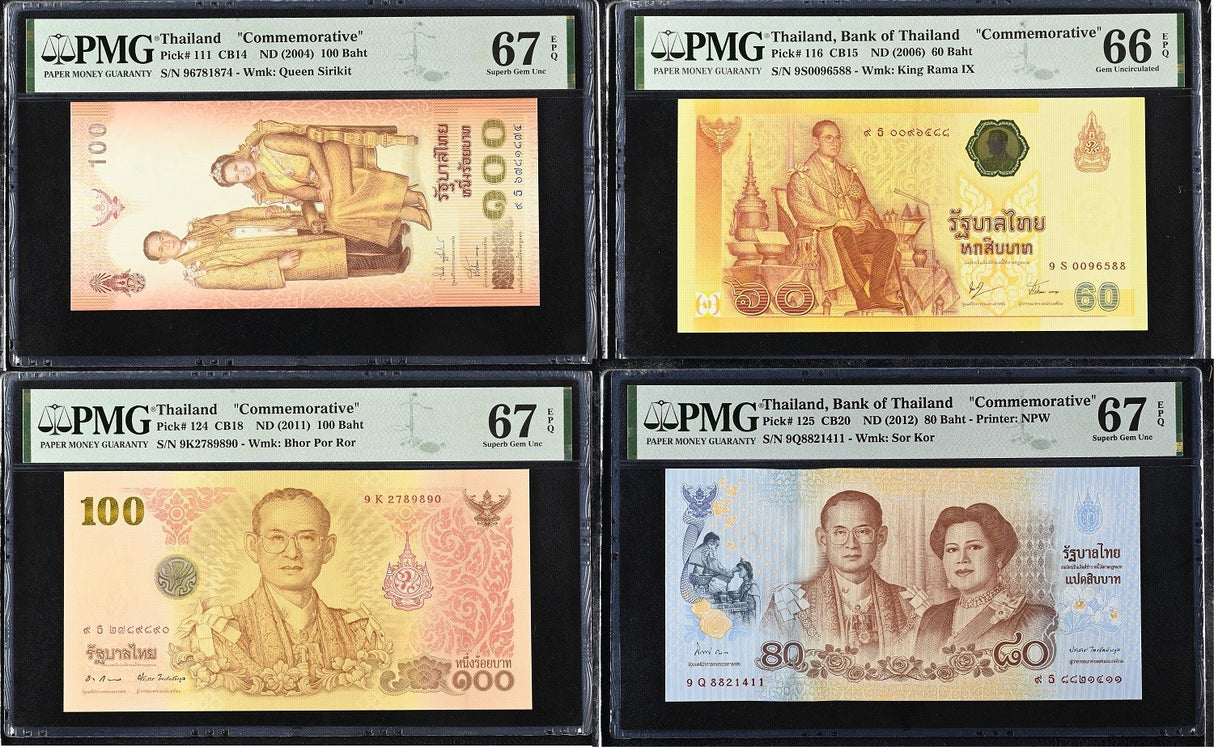 Thailand Set 4; 60 80 100 Baht 2004-12 P111 116 124 125 Superb UNC PMG 66 67 EPQ