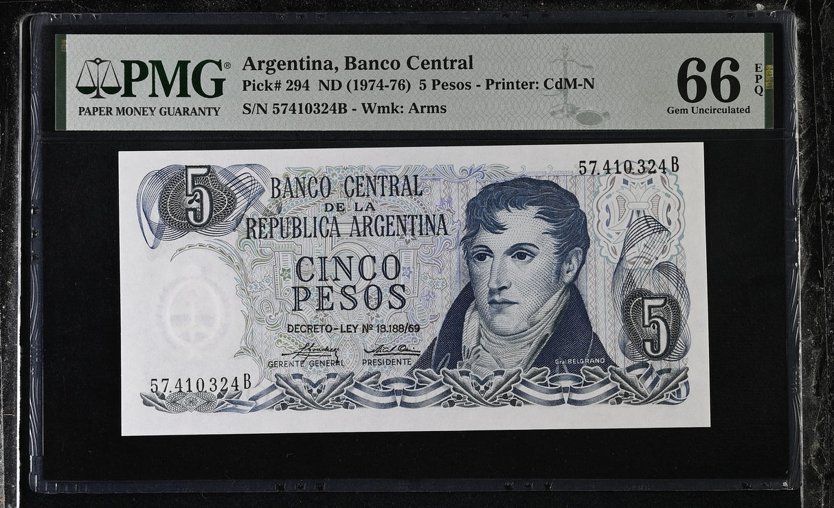 Argentina 5 Pesos ND 1974-1976 P 294 Gem UNC PMG 66 EPQ
