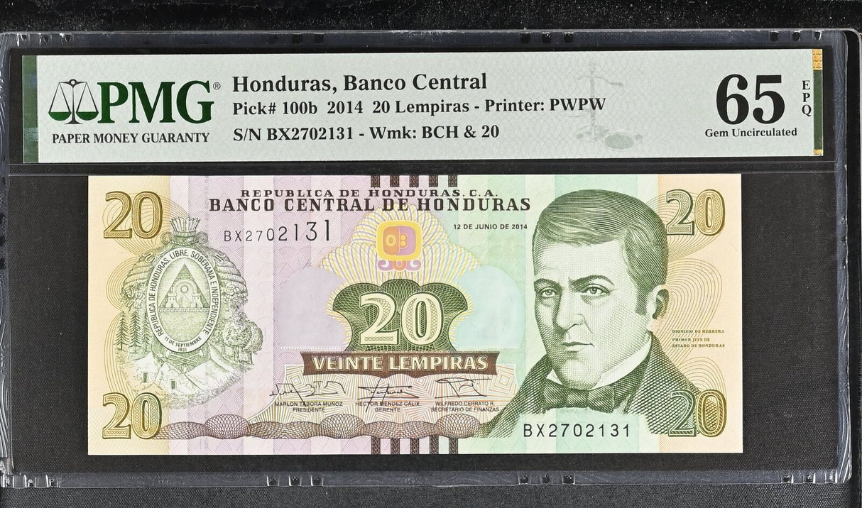 Honduras 20 Lempiras 2014 P 100 b Gem UNC PMG 65 EPQ