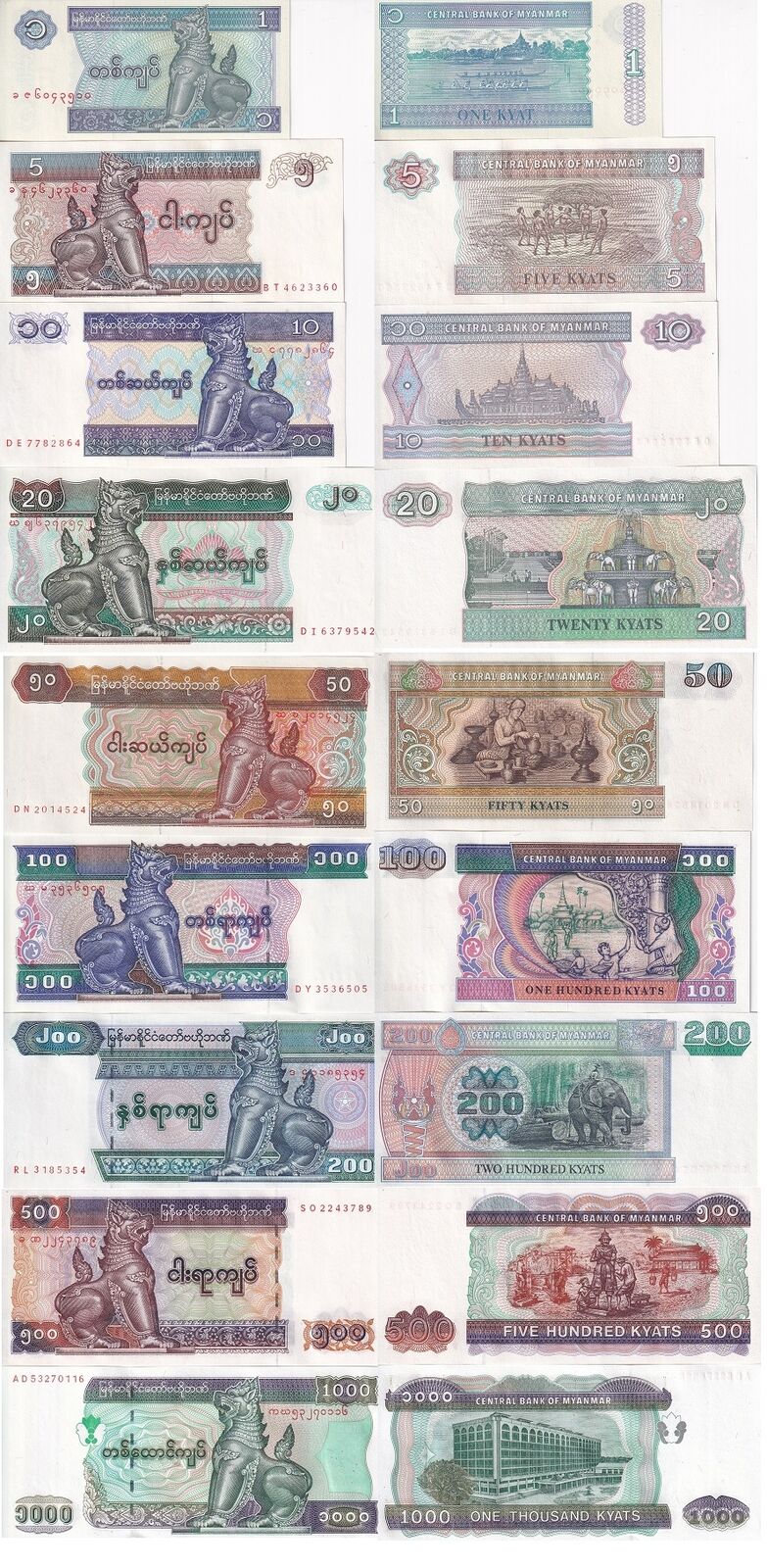 Myanmar set 9 UNC 1 5 10 20 50 100 200 500 1000 Kyats 1990-2004 P 69 70 -79 80