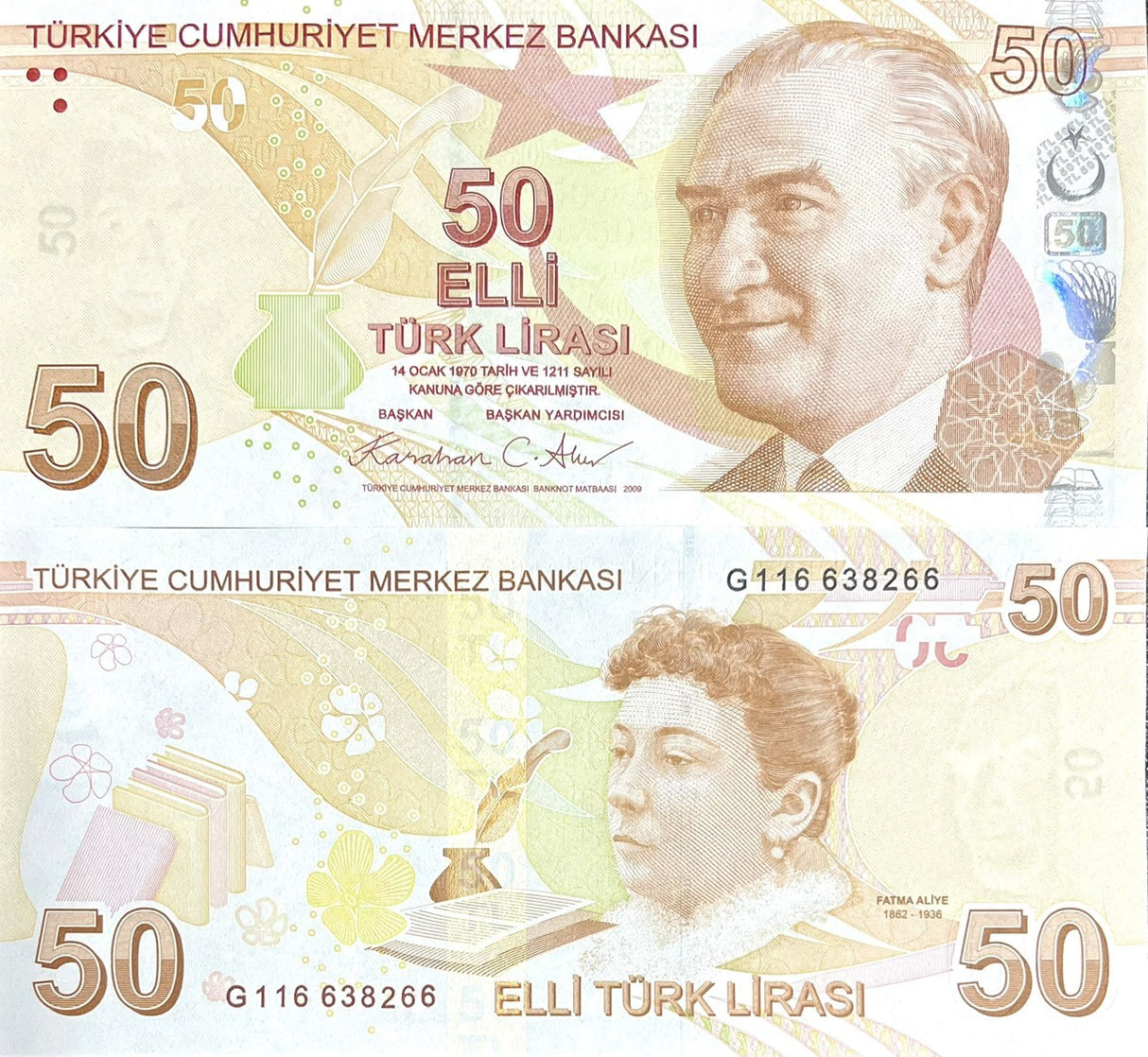 Turkey 50 Lira 2009/2025 P 225 New Sign Prefix G UNC