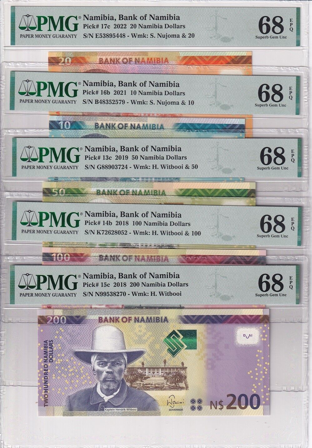 Namibia Set 5; 10 20 50 100 200 D. 2018-22 P 13 -15-17 Superb Gem UNC PMG 68 EPQ