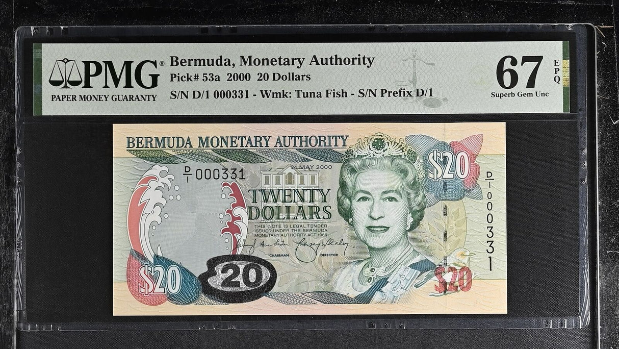 Bermuda 20 Dollars 2000 P 53 a 3 DIGIT # 331 Superb Gem UNC PMG 67 EPQ Top Pop