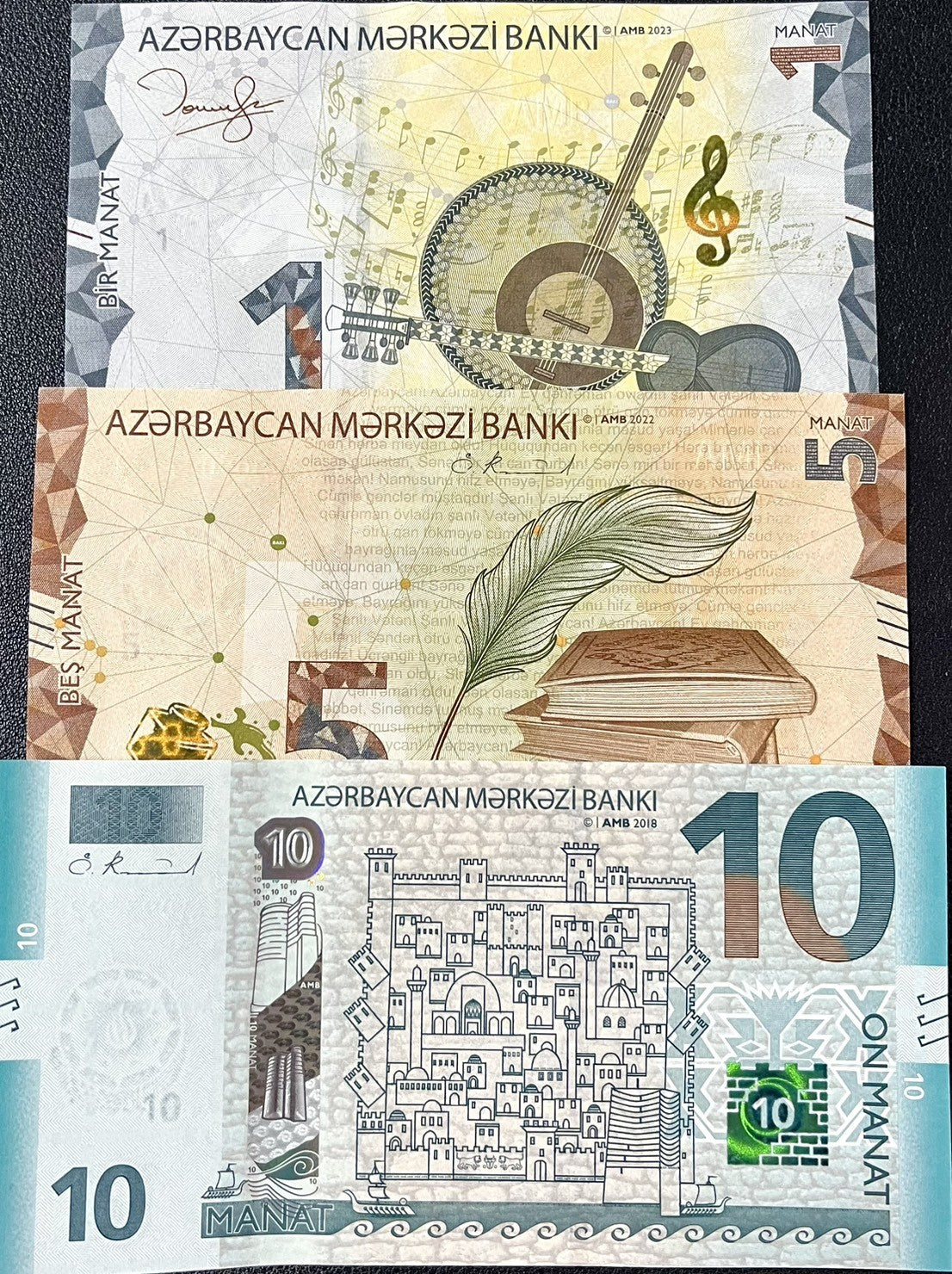 Azerbaijan Set 3 Pcs 1 5 10 Manat 2018-2023 P 33 38 39 UNC