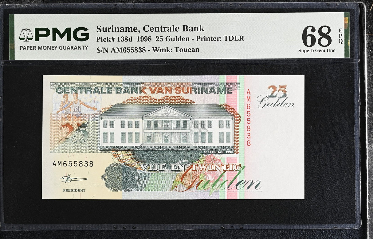 Suriname 25 Gulden 1998 P 138 d Superb Gem UNC PMG 68 EPQ TOP POP