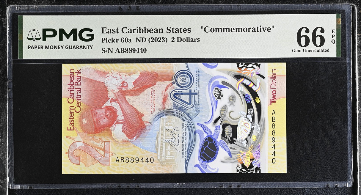 East Caribbean States 2 Dollars ND 2023 P 60 a Comm. Gem UNC PMG 66 EPQ