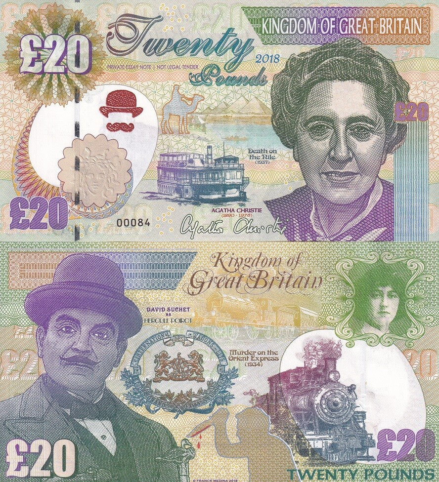 GREAT BRITAIN 20 Pounds FANTASY 1890-1976 Agatha Christie 2018 HERCULE POIROT